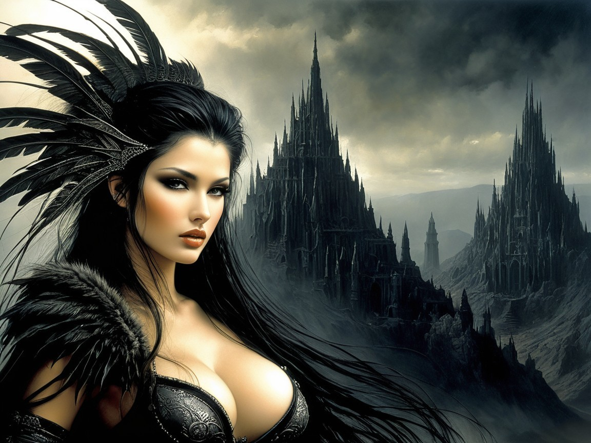 Goth Woman in Fantasy Castle with Dark Sky Background