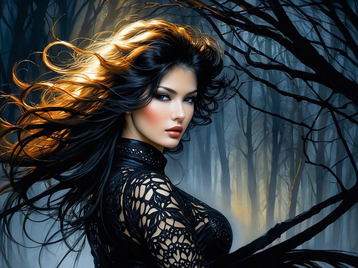 Mystical Woman in Enchanted Forest with Fog