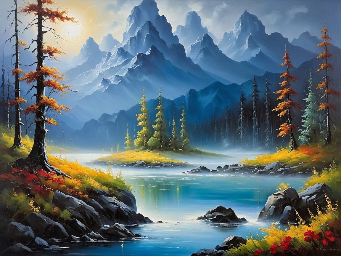 Serene Landscape with Mountains and Autumn Lake