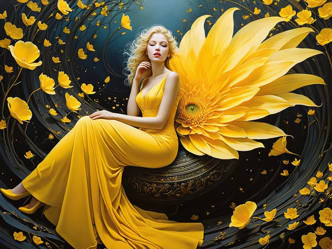 Graceful Woman in Yellow Gown with Sunflower Background
