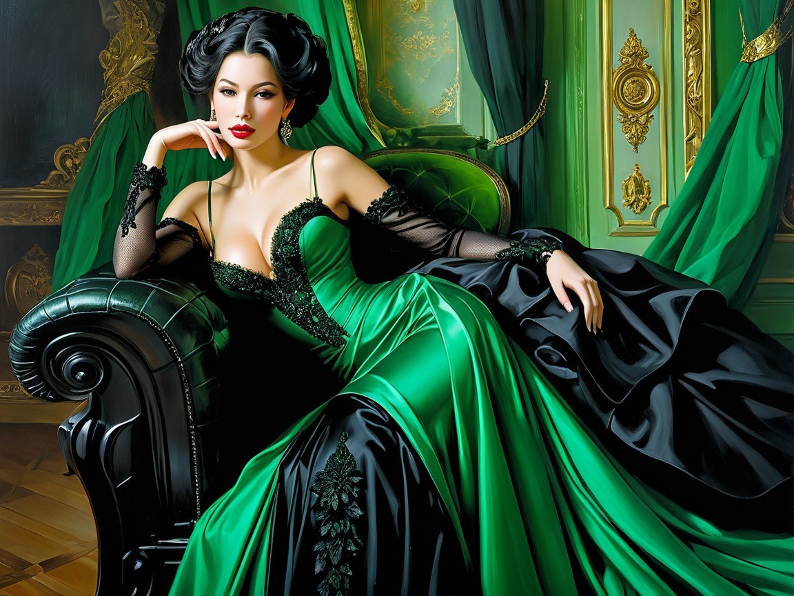 Elegant woman in glamorous gown on plush chaise