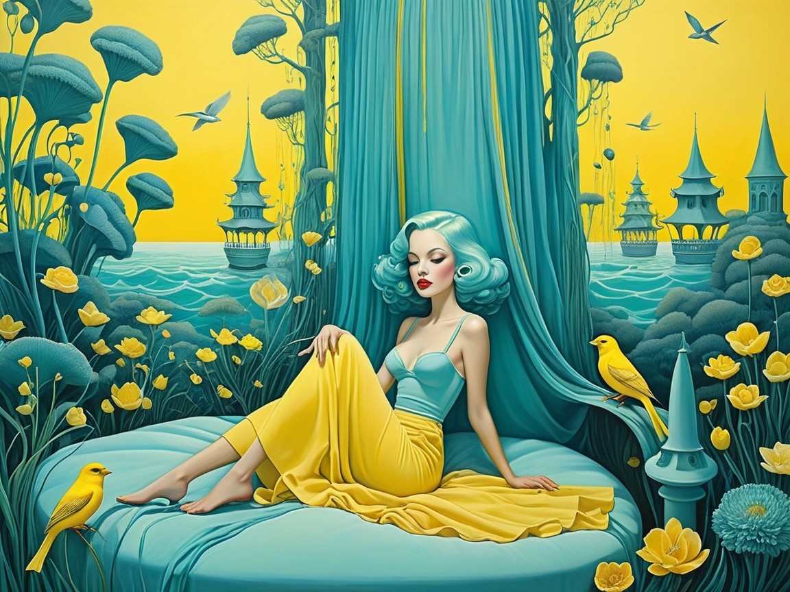 Whimsical Scene of a Woman with Aquamarine Hair