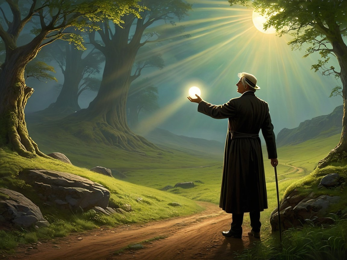 Figure on Winding Path with Glowing Orb in Nature