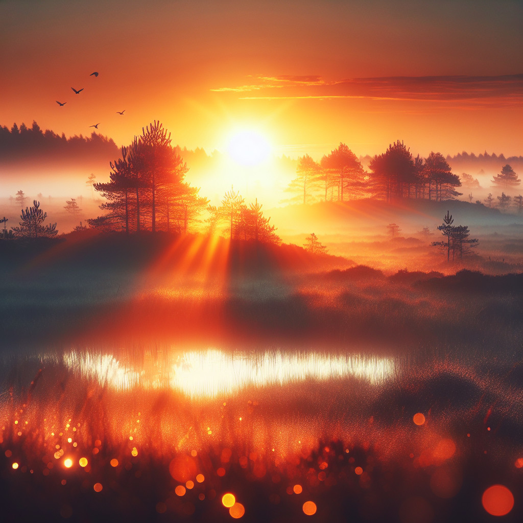 Misty Forest Sunrise with Vibrant Colors and Reflections