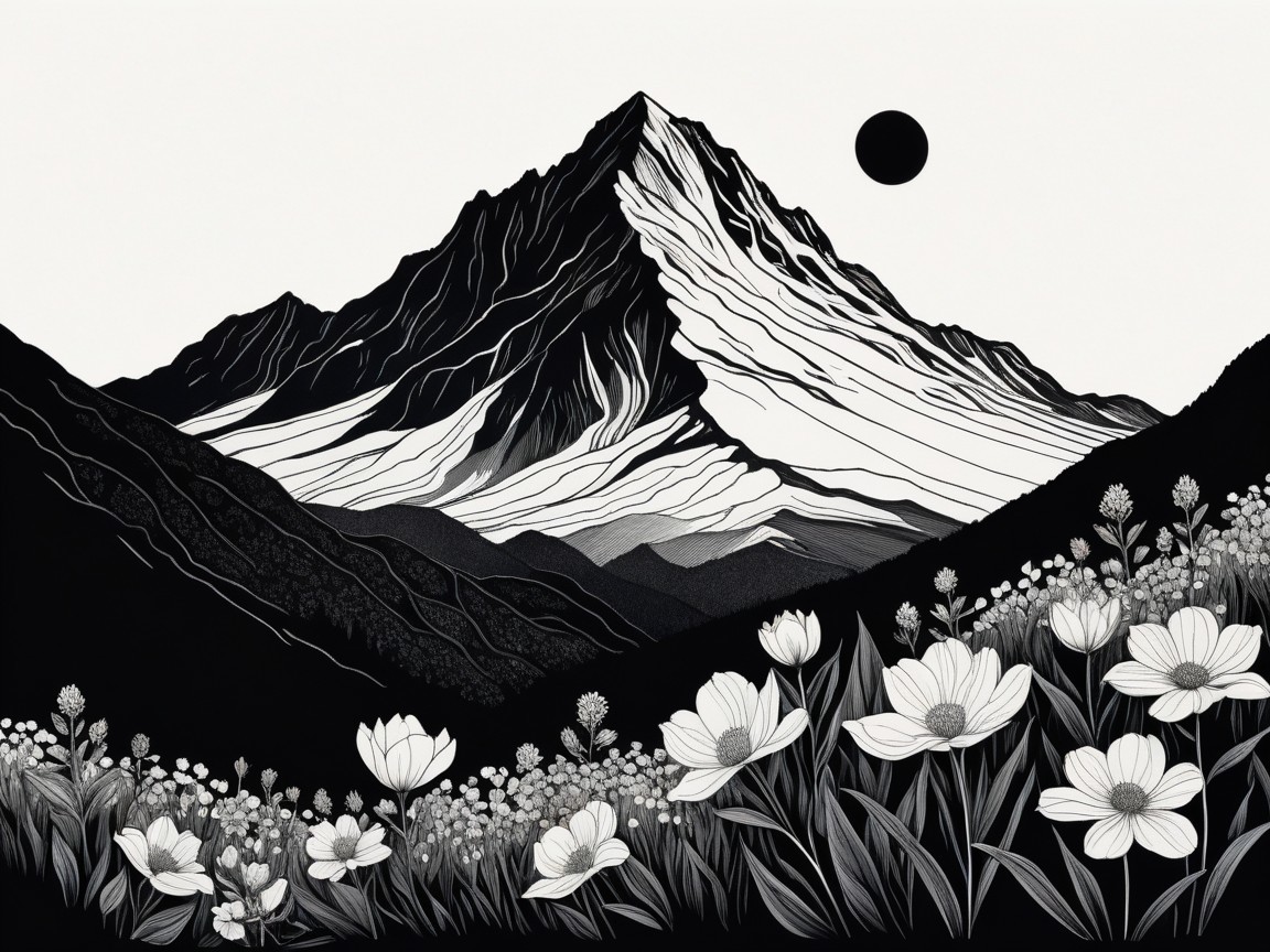 Black and White Mountain Landscape with Flowers and Sun