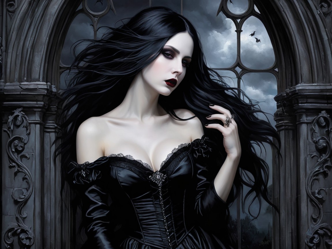 Gothic Figure in Black Dress by Ornate Archway