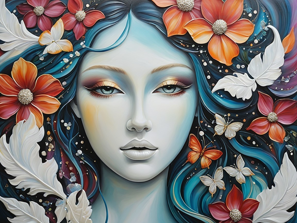 Portrait of a Woman with Pale Skin and Colorful Flowers