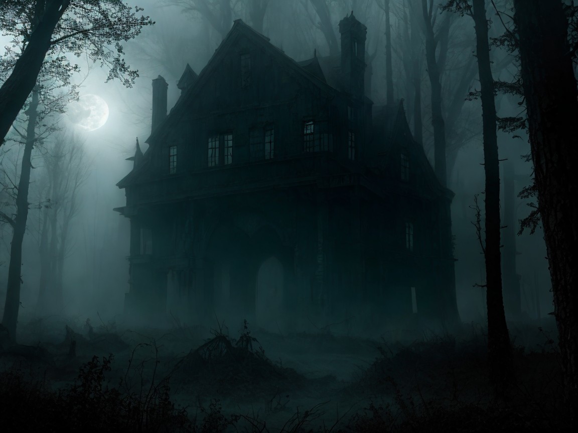 Haunting Mansion in Foggy Forest Under Full Moon
