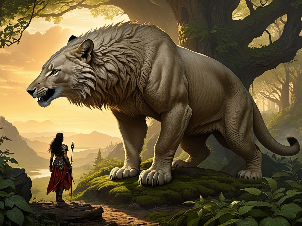 Warrior and Lion in a Mystical Forest Setting