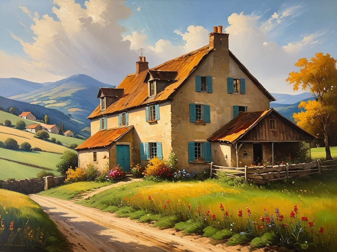 Rustic house with orange roof in serene countryside