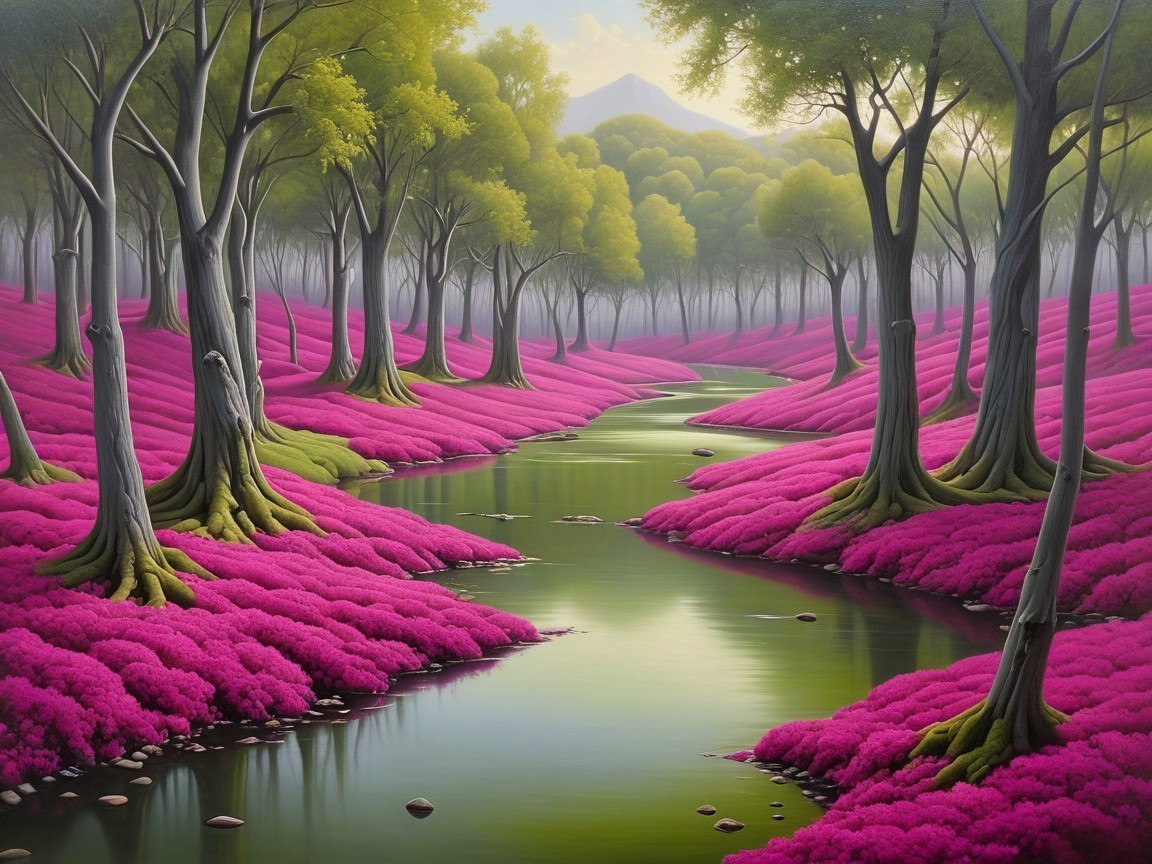 Serene landscape with winding river and flowering shrubs