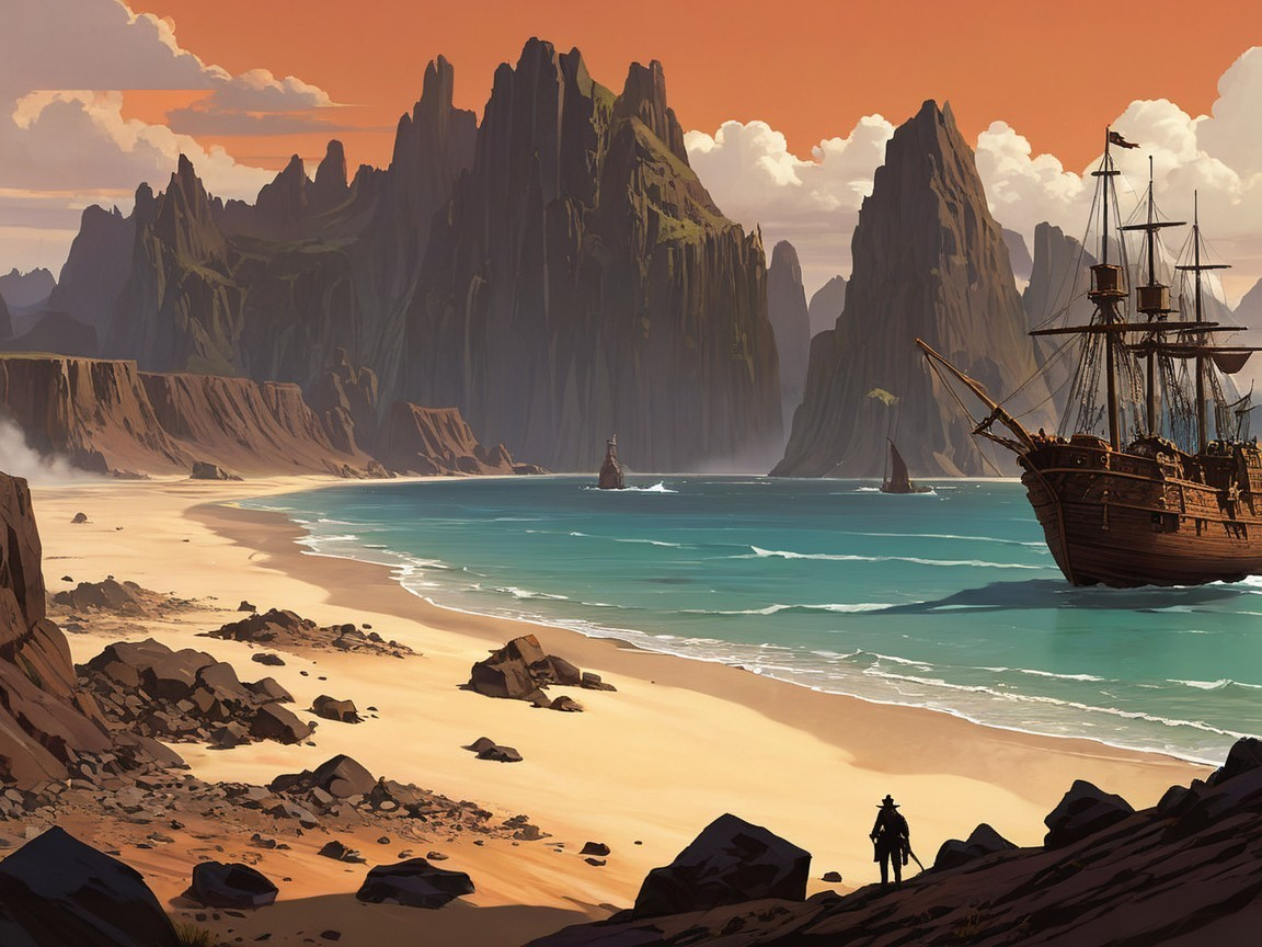 Dramatic Coastal Scene with Mountains and Sunset