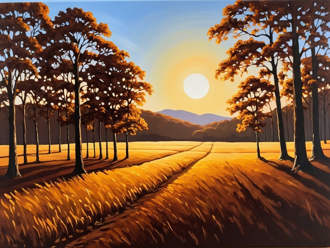 Serene Sunset Landscape with Vibrant Trees and Fields