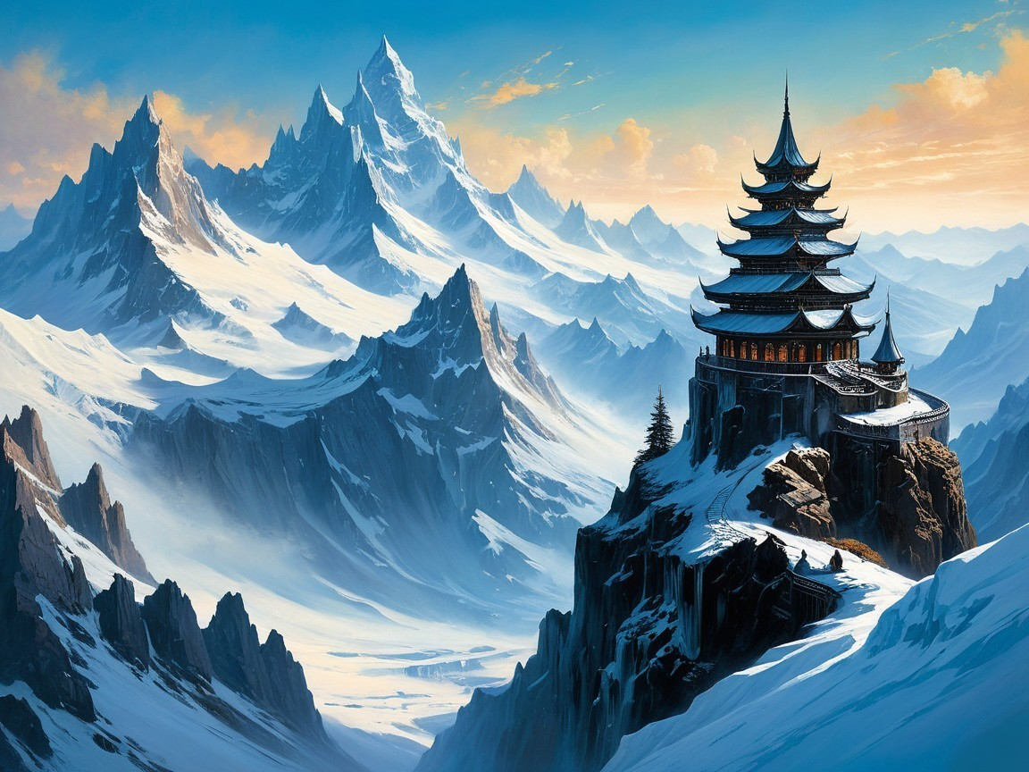 Majestic pagoda on a cliff with snow-capped mountains