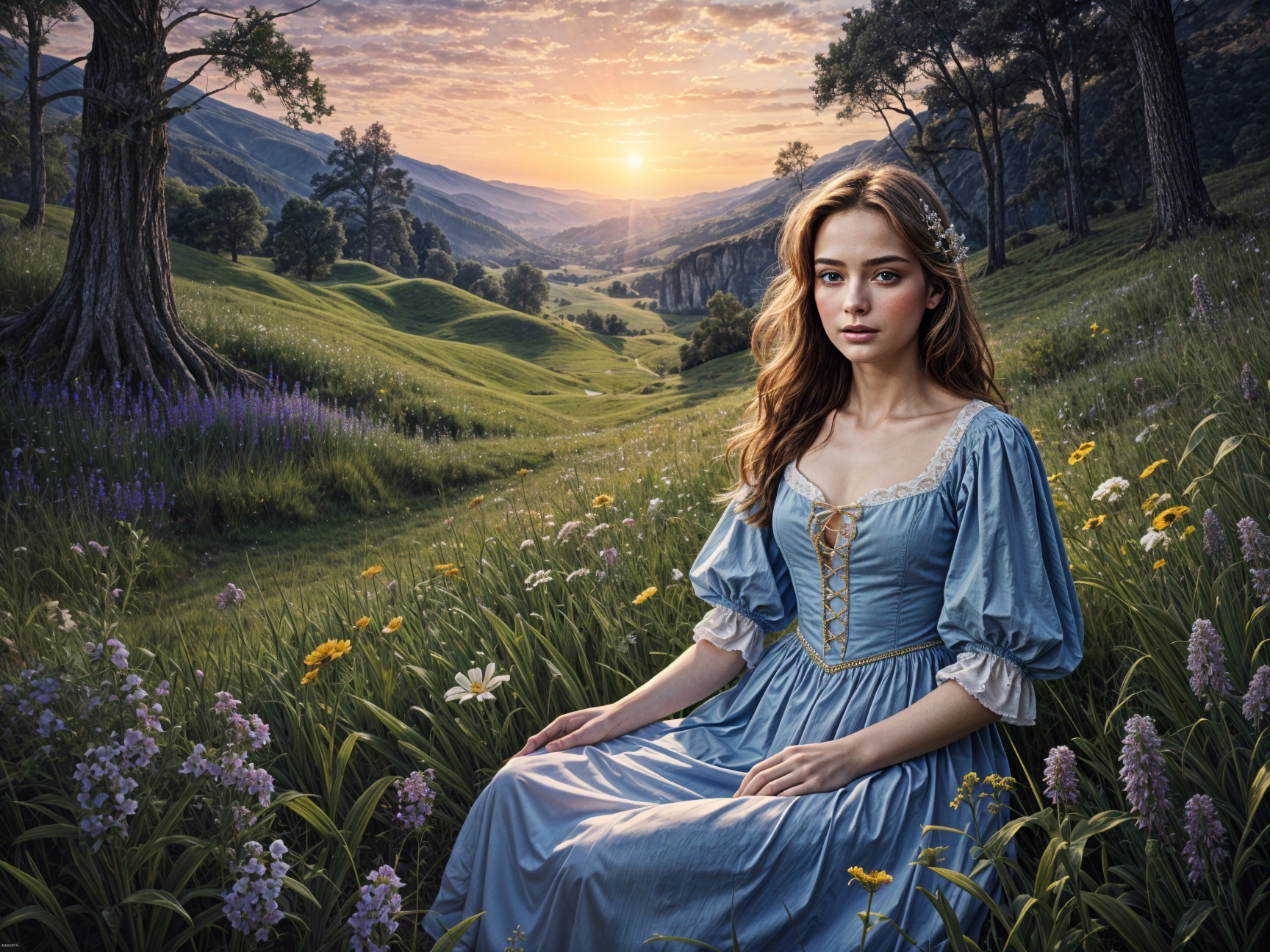 Young Woman in Vintage Dress in Lush Meadow at Sunrise