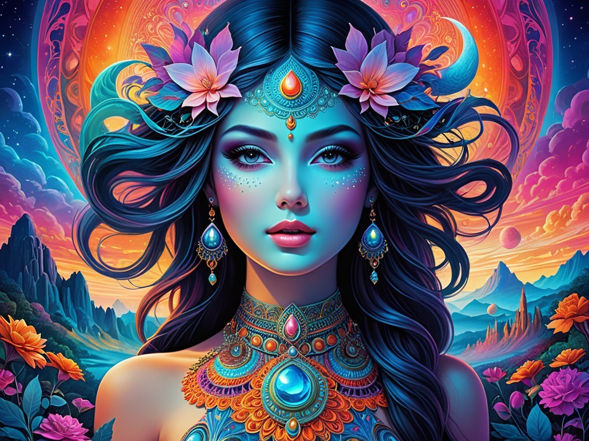 Mystical Goddess in Vibrant Blue and Purple Hues
