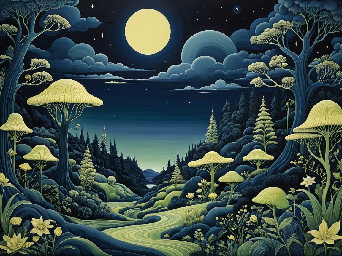 Whimsical Moonlit Landscape with Oversized Mushrooms