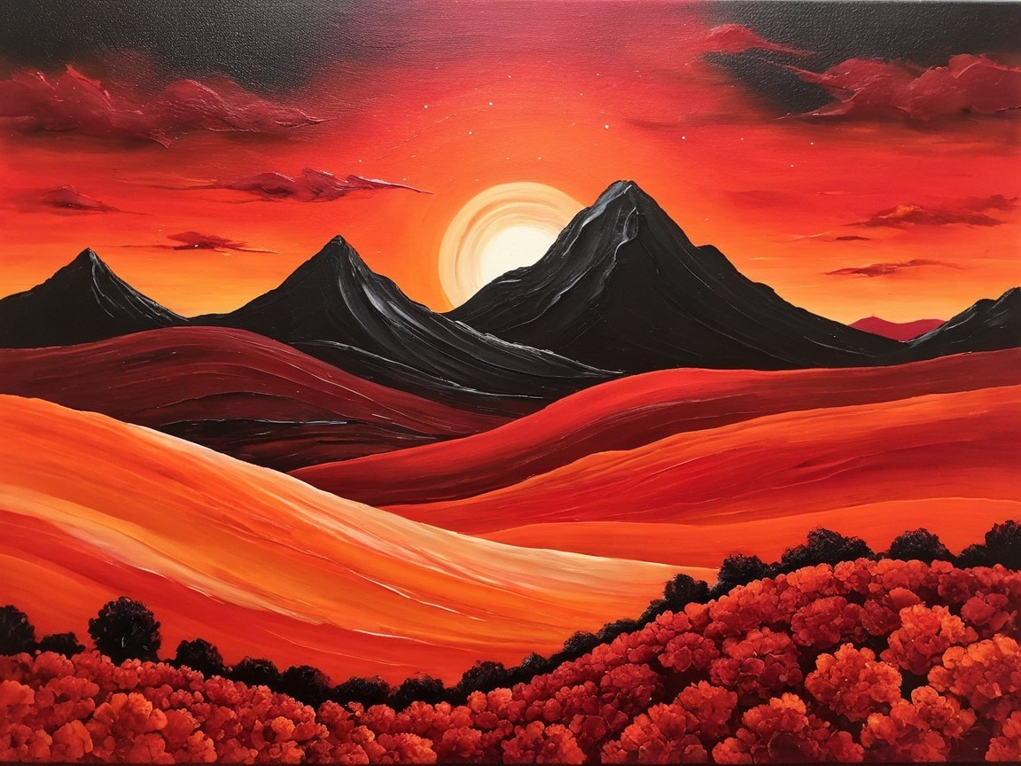 Vibrant Sunset Over Hills and Mountains with Foliage