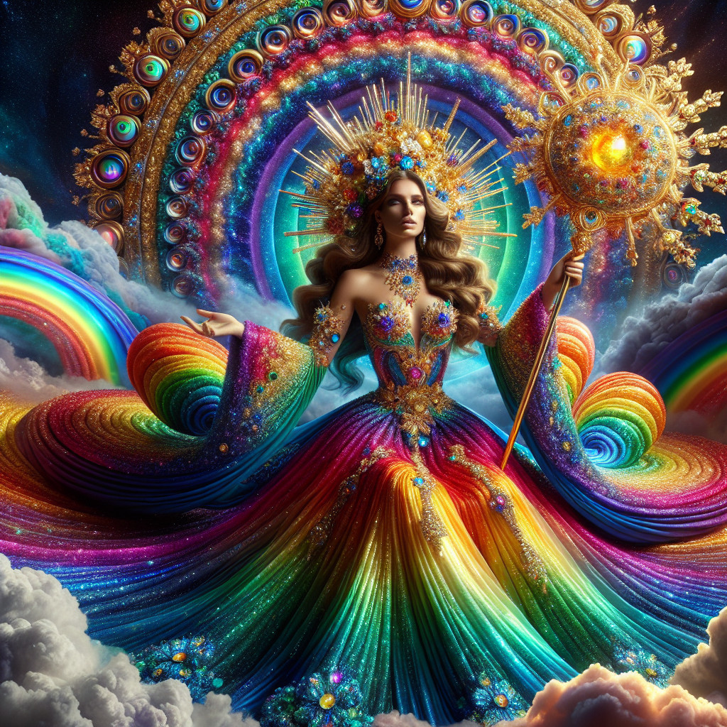 Majestic figure in rainbow gown with cosmic patterns