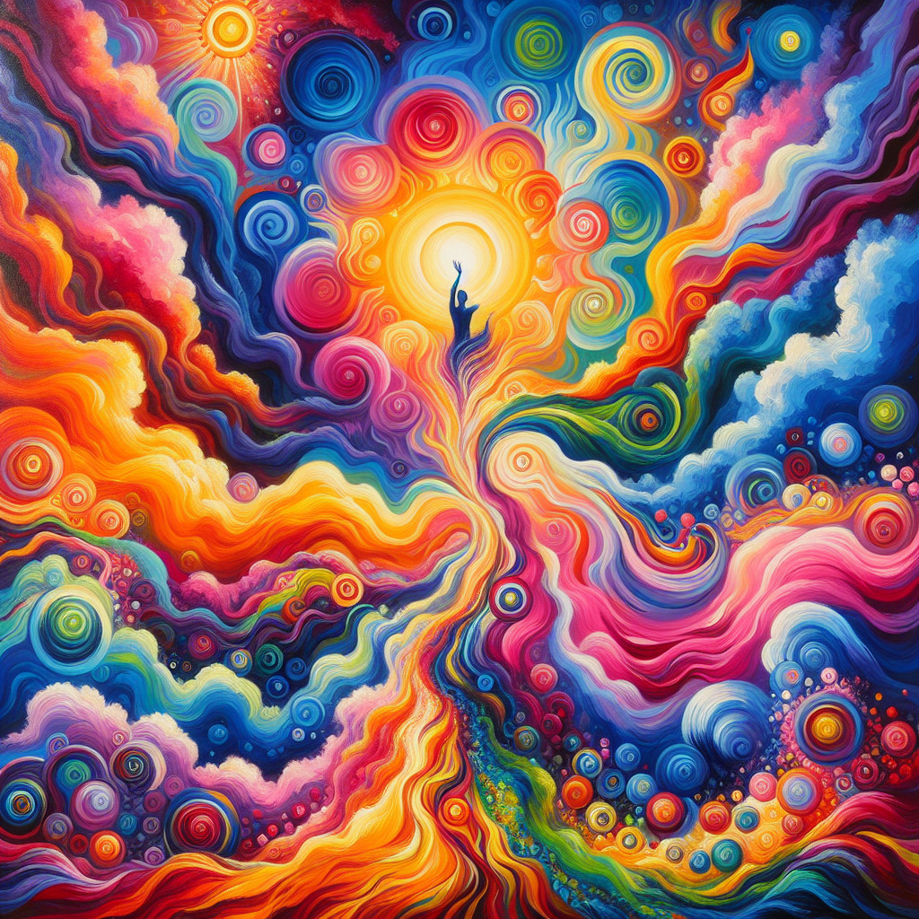 Psychedelic Abstract Painting with Silhouetted Figure