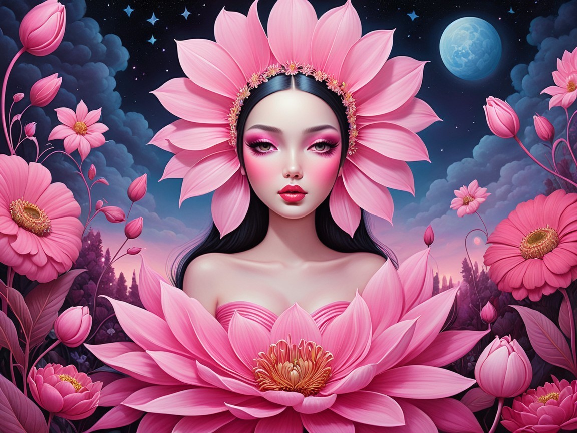Mystical Figure Amidst Pink Lotus Flowers and Moonlight