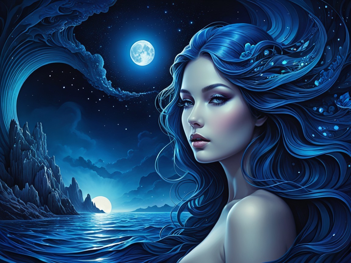 Mystical Scene of a Woman by the Ocean at Night