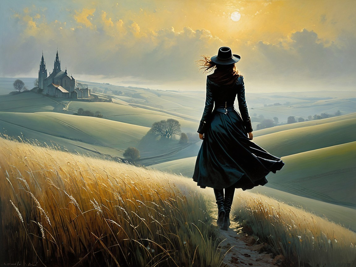 Solitary Figure in Black Coat in Golden Fields