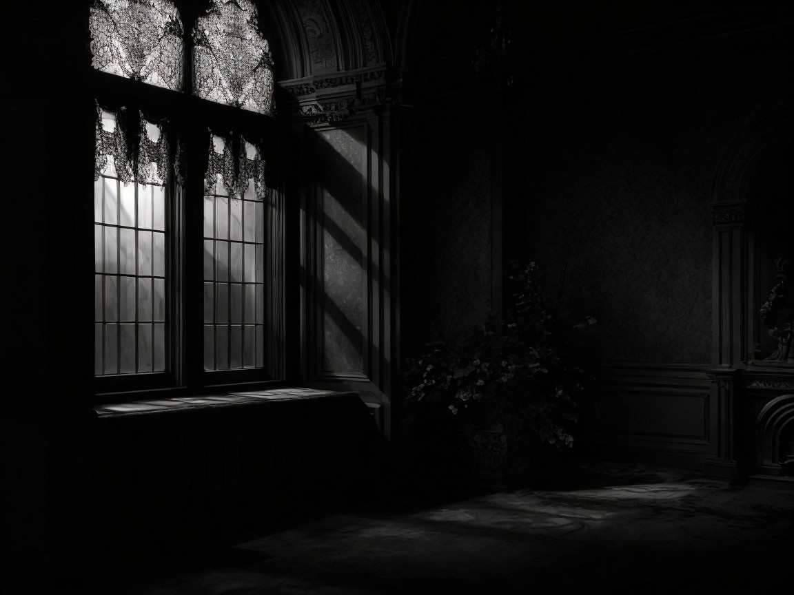 Dimly Lit Room with Ornate Windows and Shadows