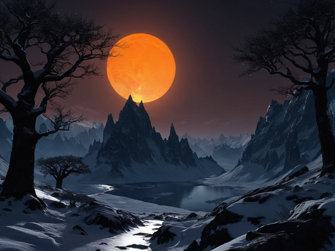 Nocturnal Landscape with Mountains and Orange Moon