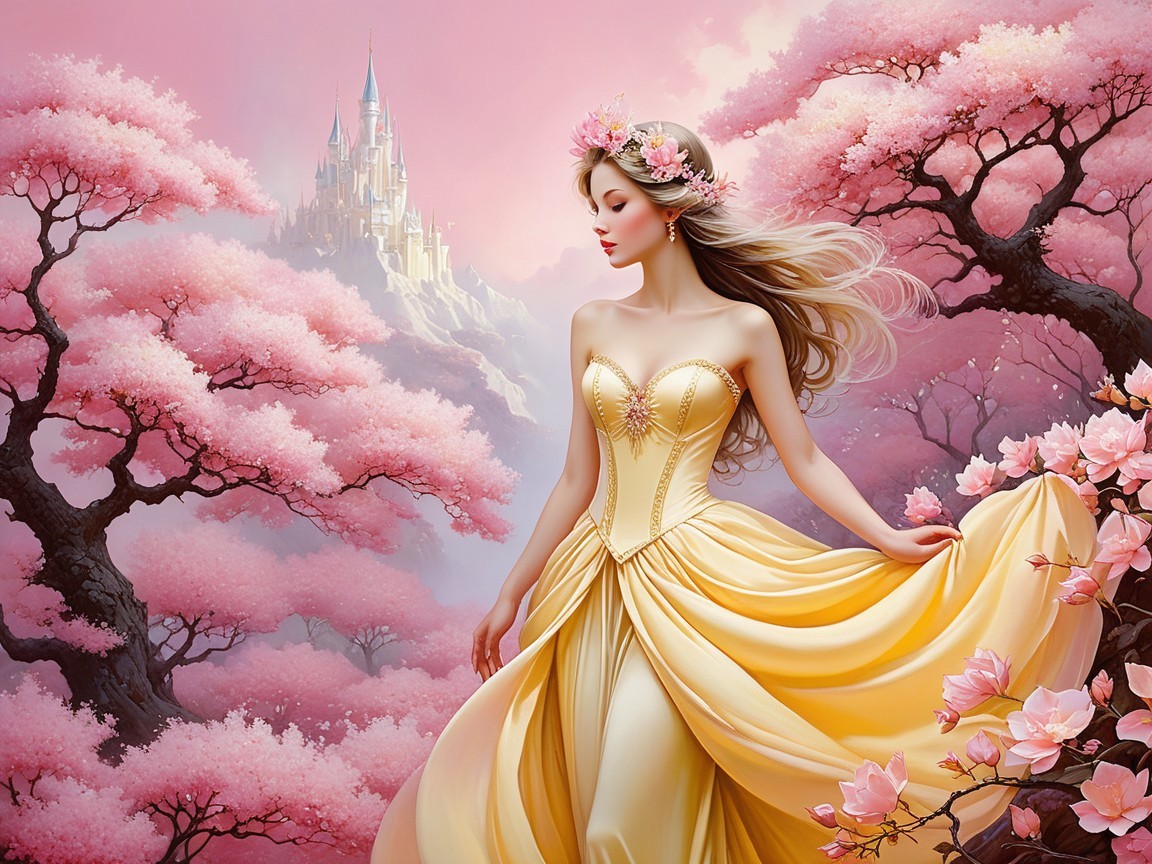 Serene Fantasy Scene with Young Woman and Cherry Blossoms