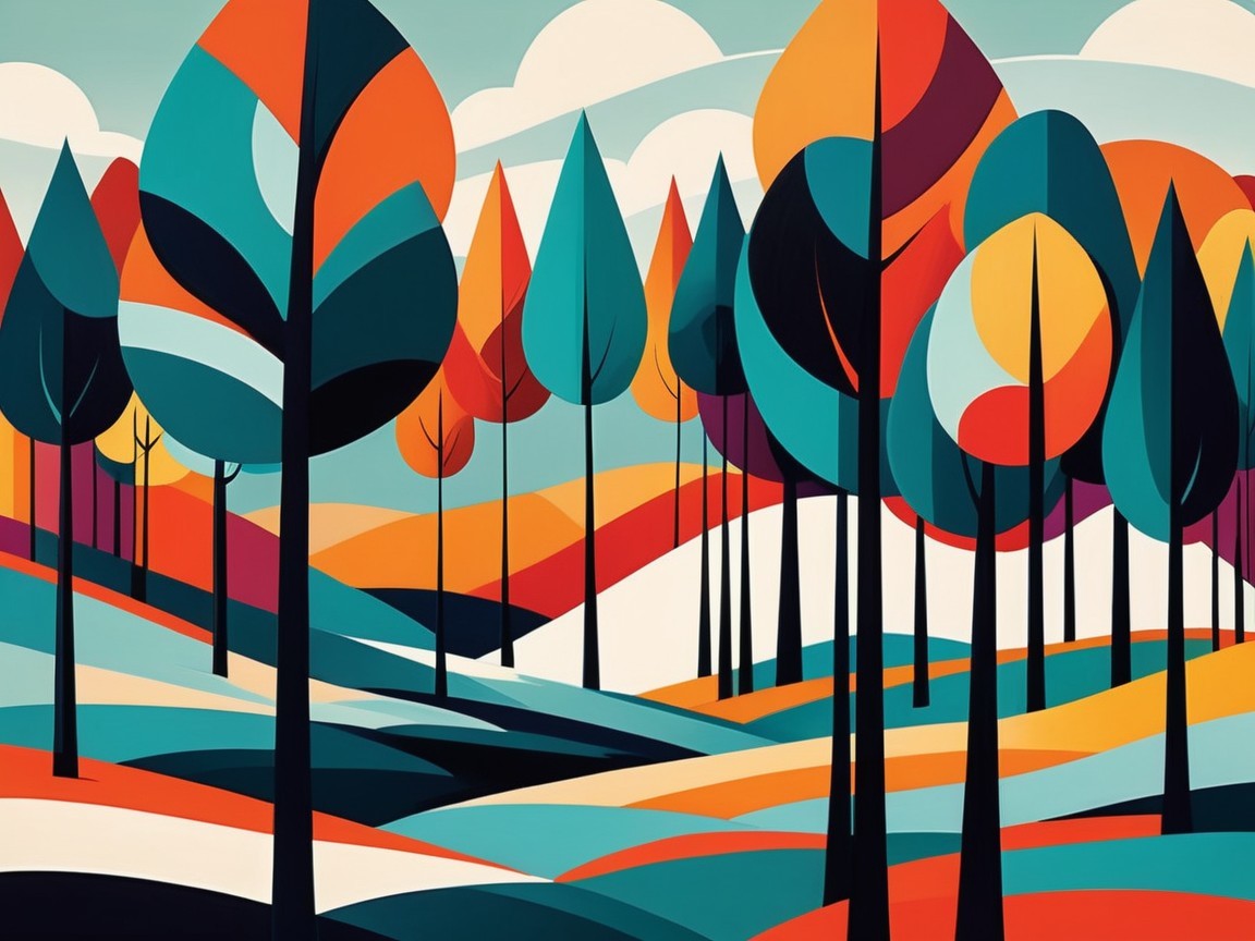 Vibrant Abstract Landscape with Colorful Trees and Hills
