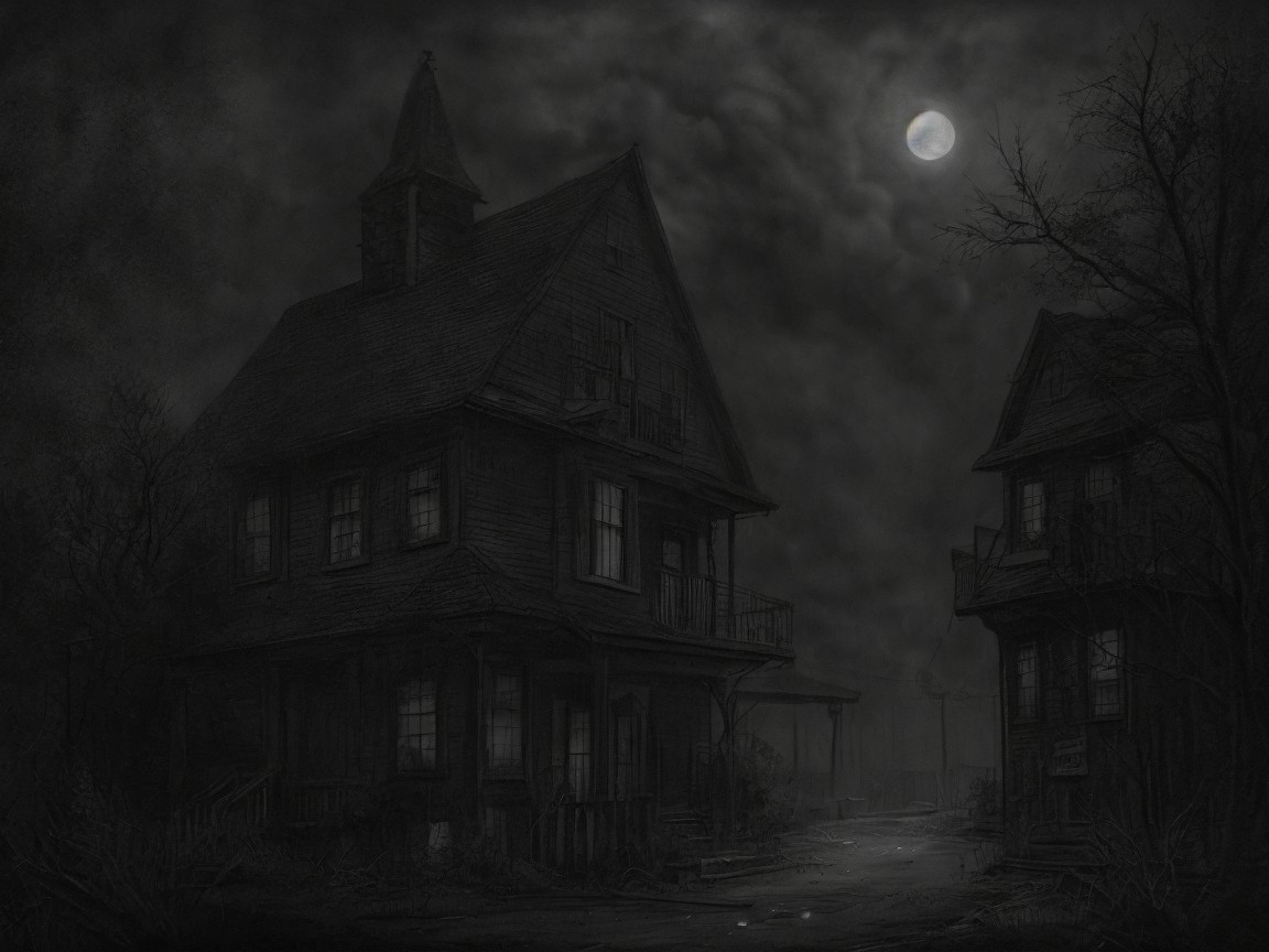 Dilapidated Houses Under a Full Moon at Night