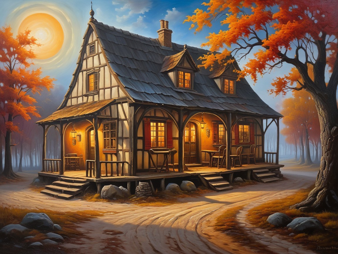 Rustic House in Vibrant Autumn Landscape