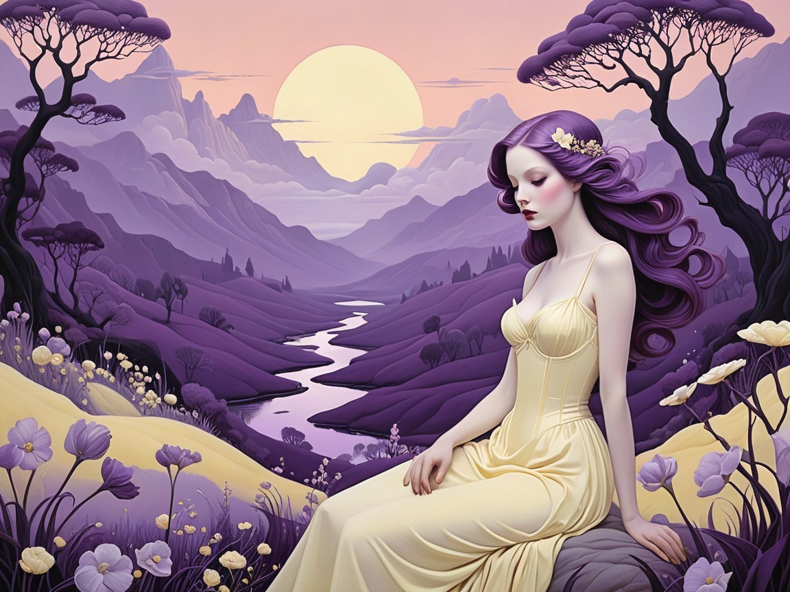 Serene landscape with woman by a river at sunset