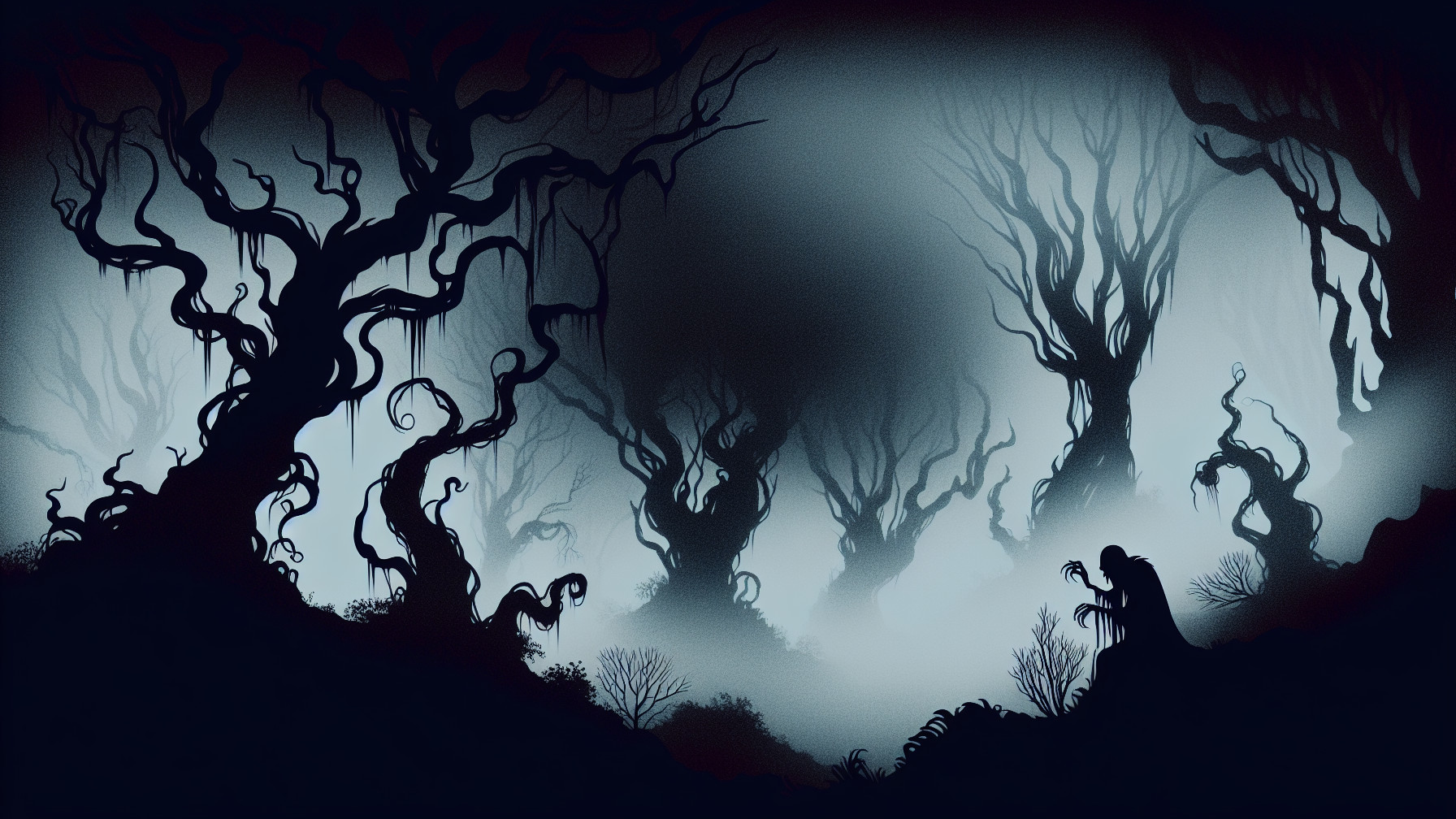 Dark Misty Horror Forest with Twisted Trees and Shadows