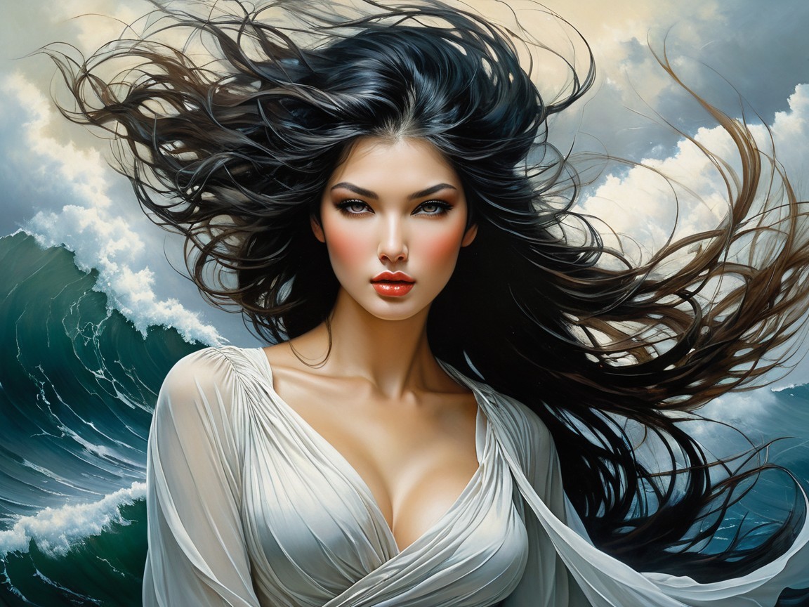 Striking Woman Amidst Tumultuous Sea and Sky