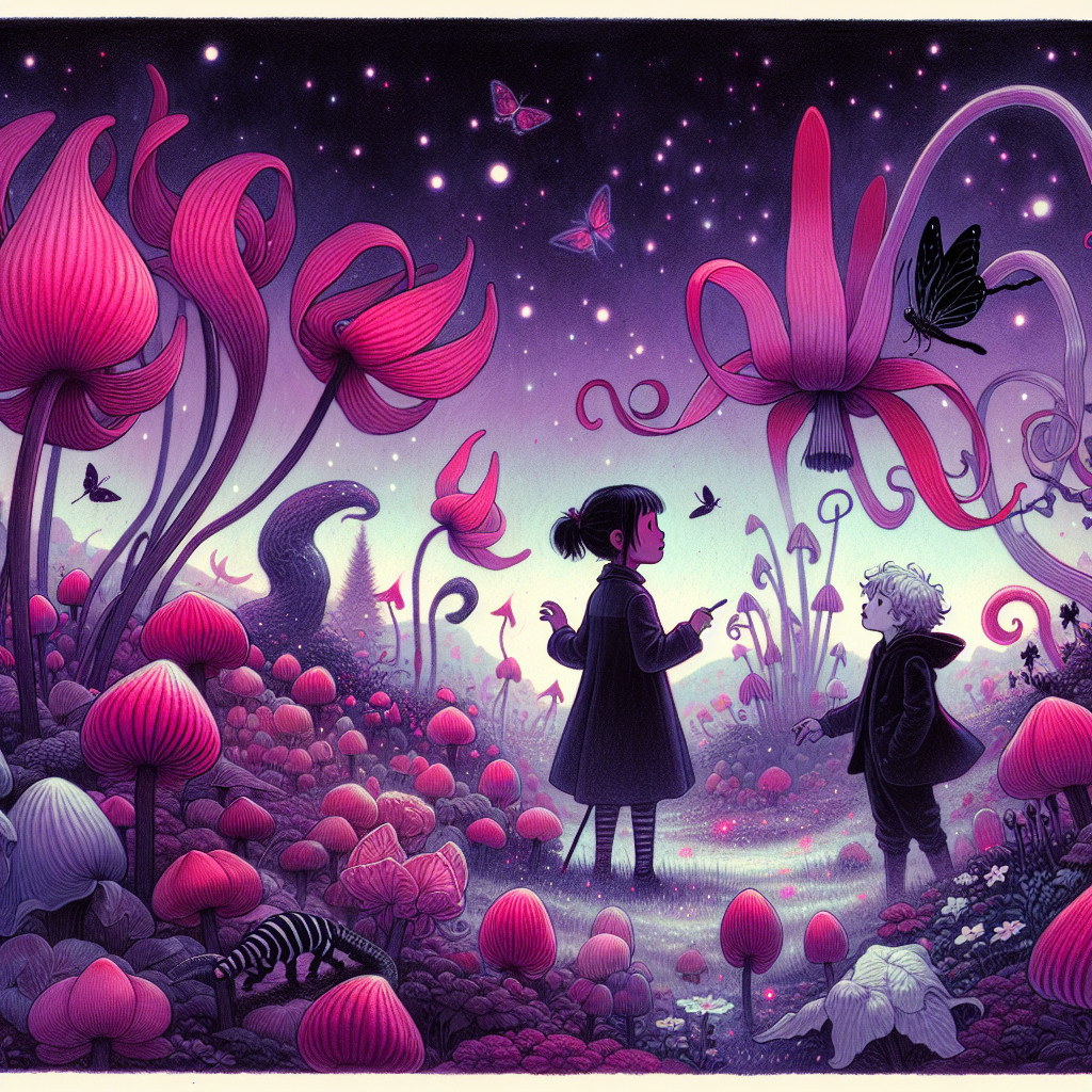 Whimsical Landscape with Children and Vibrant Flowers