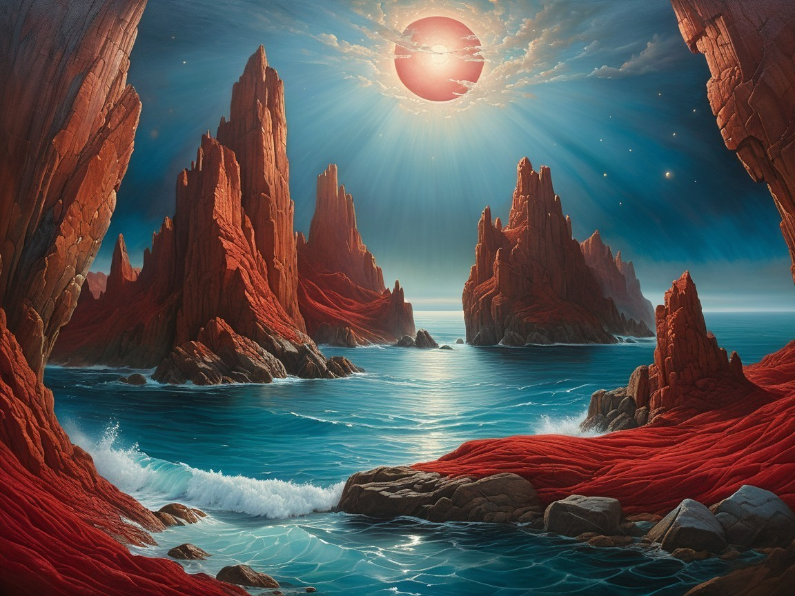 Surreal Landscape with Red Rocks and Blue Sea