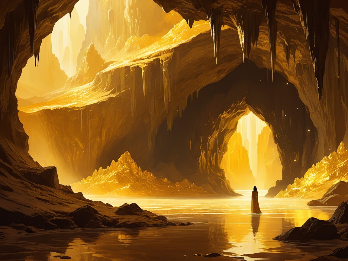 Majestic Cave Scene with Golden Light and Stalactites