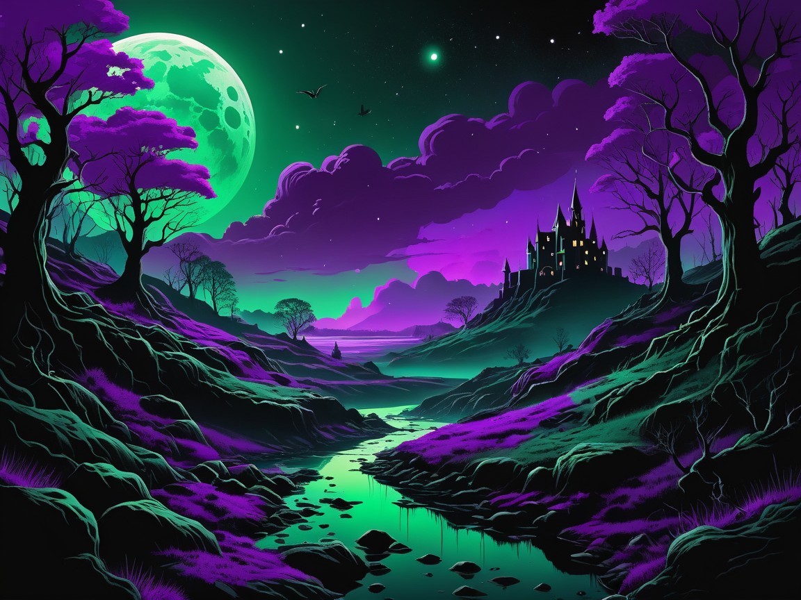 Vibrant Mystical Landscape with Stream and Castle