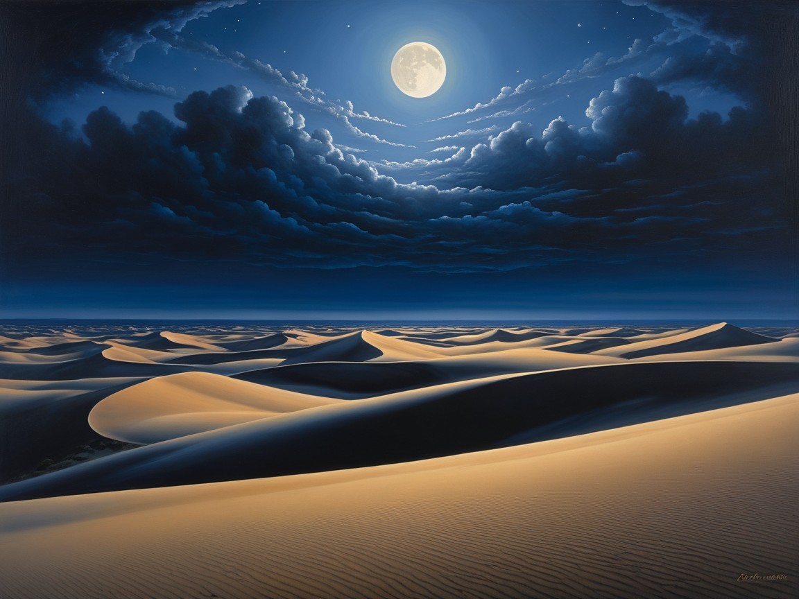 Desert Landscape Painting Under Full Moonlight