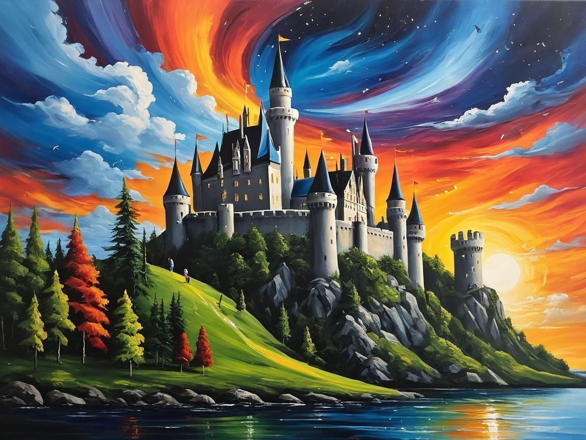 Majestic castle on a cliff with a shimmering lake view