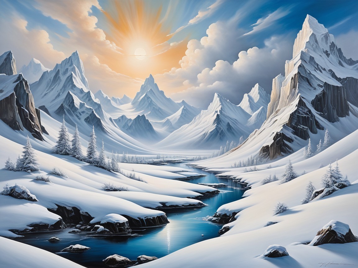 Winter Landscape with Snow-Capped Mountains and River