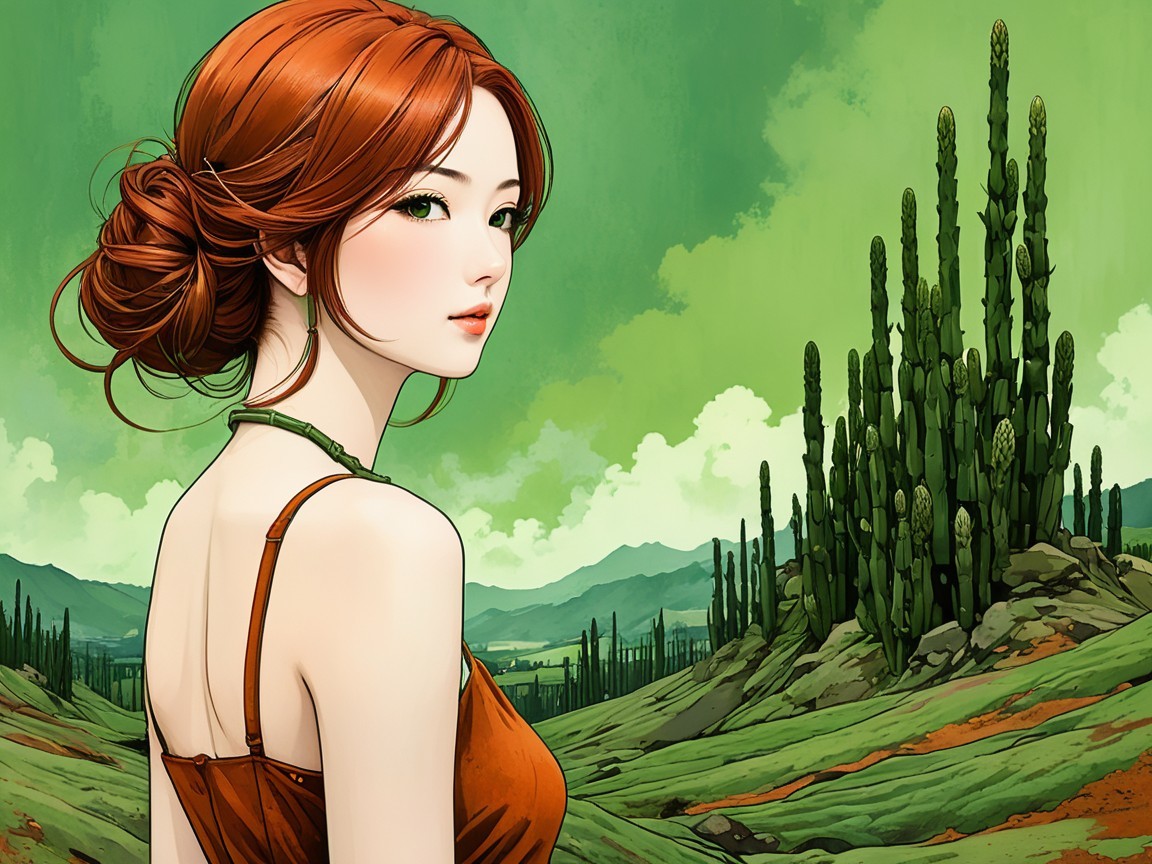 Serene Young Woman in Brown Dress Against Nature Background
