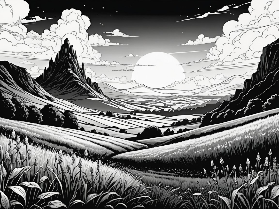 Monochrome Mountain Landscape Under a Luminous Moon