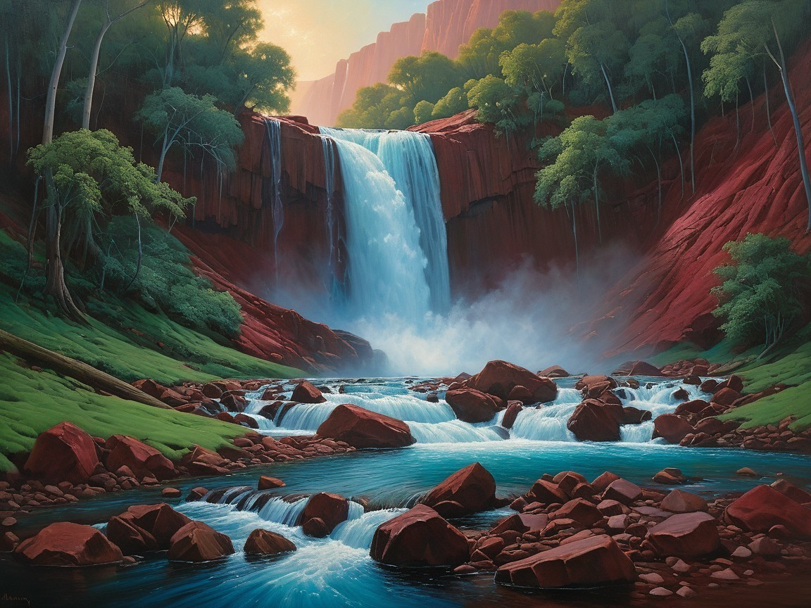 Majestic Waterfall Over Red Cliffs in Lush Landscape