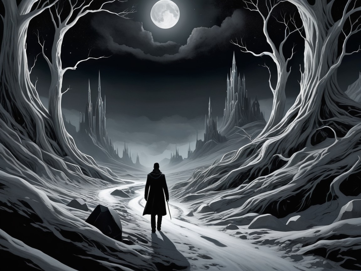 Lone Figure on a Winding Path in Eerie Landscape