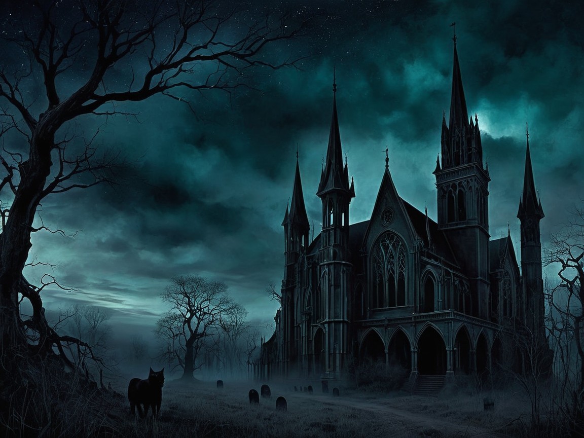 Gothic Castle Under Night Sky with Eerie Landscape
