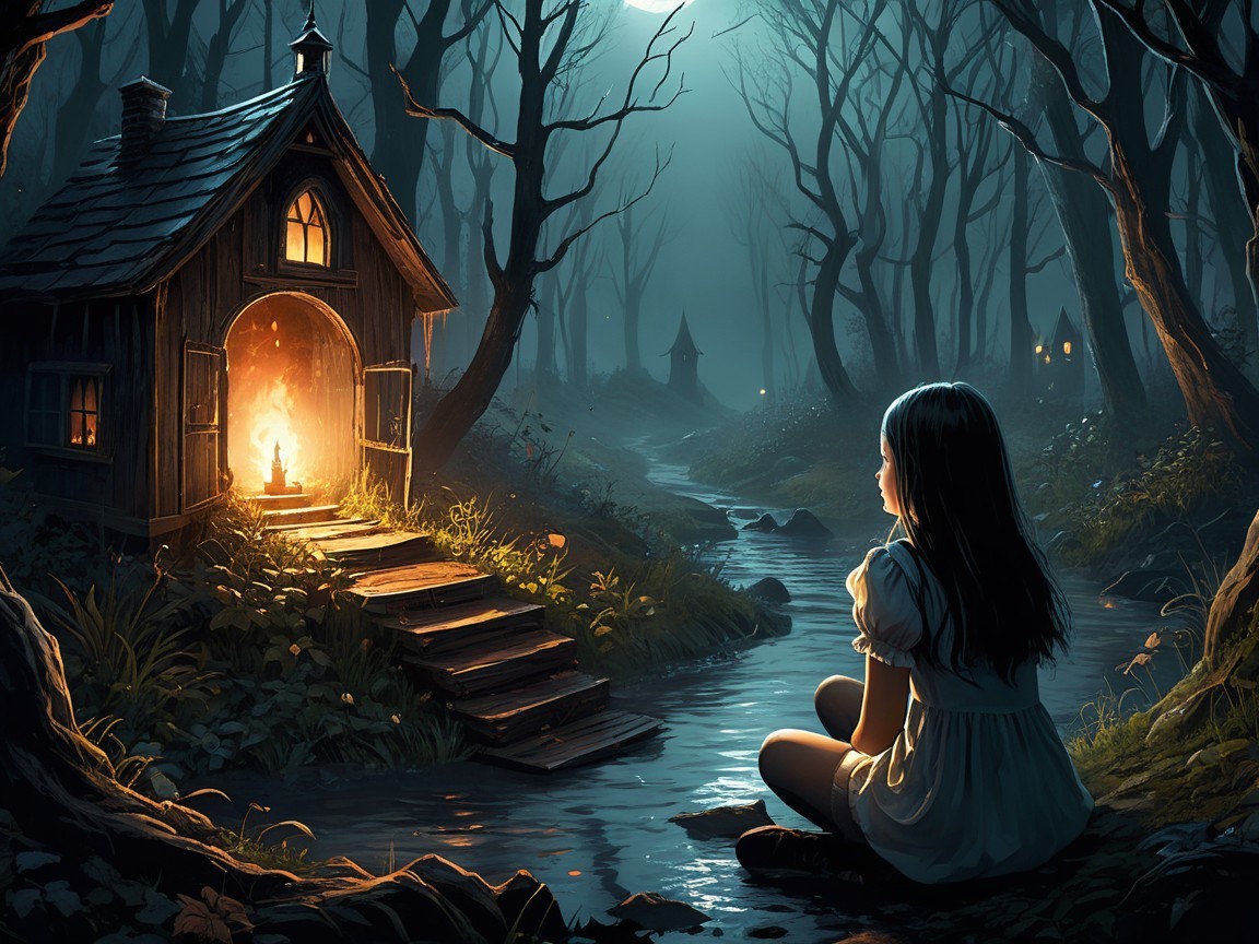 Enchanted Forest Scene with Cottage and Stream