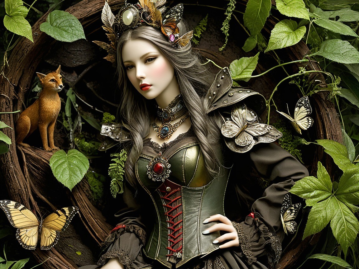 Mystical figure in dark green gown among foliage